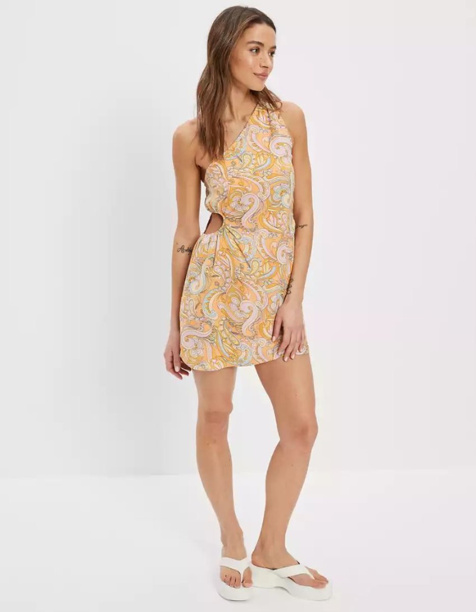 Mini Robe American Eagle AE Paisley One Shoulder Cut-Out Orange Femme | ZSW-24427469